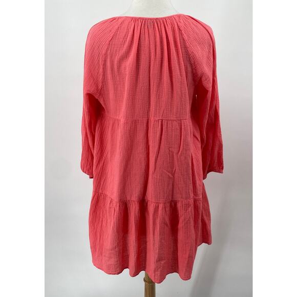 J Crew Cotton Gauze Mini Dress Keyhole V Neck Long Sleeve Coral Pink Womens M - Picture 5 of 9